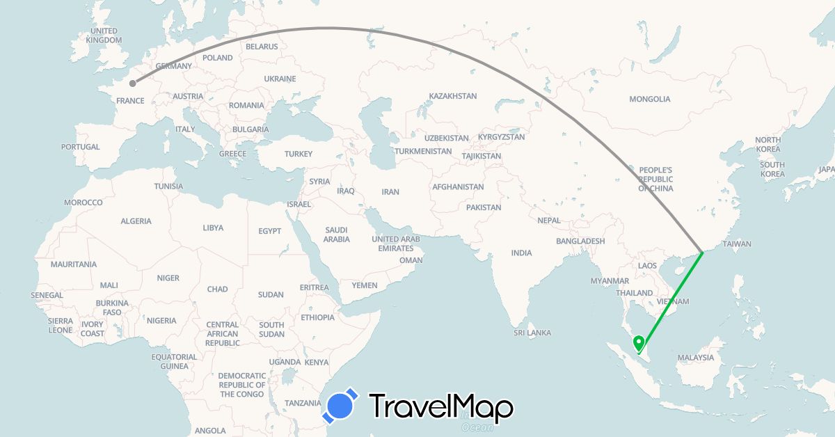 TravelMap itinerary: bus, plane in France, Hong Kong, Malaysia (Asia, Europe)